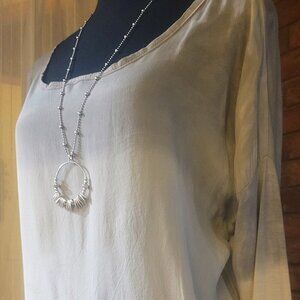 Three-tone long sleeved, open neck blouse - Grays and Cream (Size M)